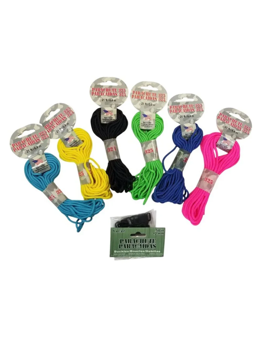 Pepperell Parachute 325 cord - 6 21' Skeins in 6 Colors, with 6 Clasps